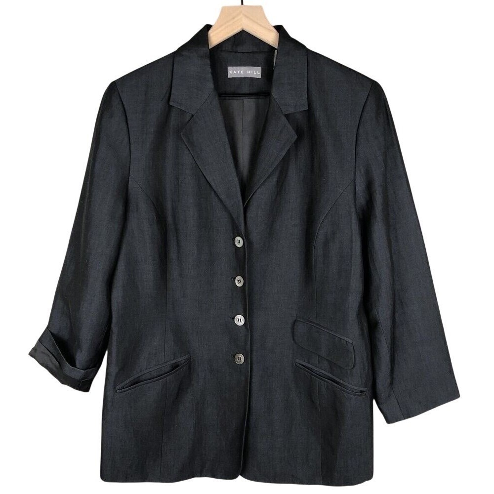 KATE‎ HILL Linen Blend Jacket Women's Sz 14 Navy Blue Blazer Pockets Minimalist